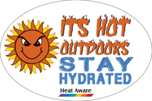 Heat Aware HADH hard hat sticker reading Stay Hydrated, printed on weatherproof vinyl
