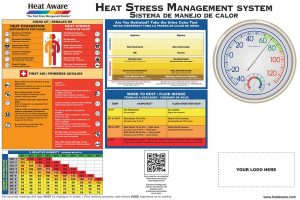 Heat Aware HSMS-01 heat stress management system sign with a thermometer and humidity reading for the cool down area